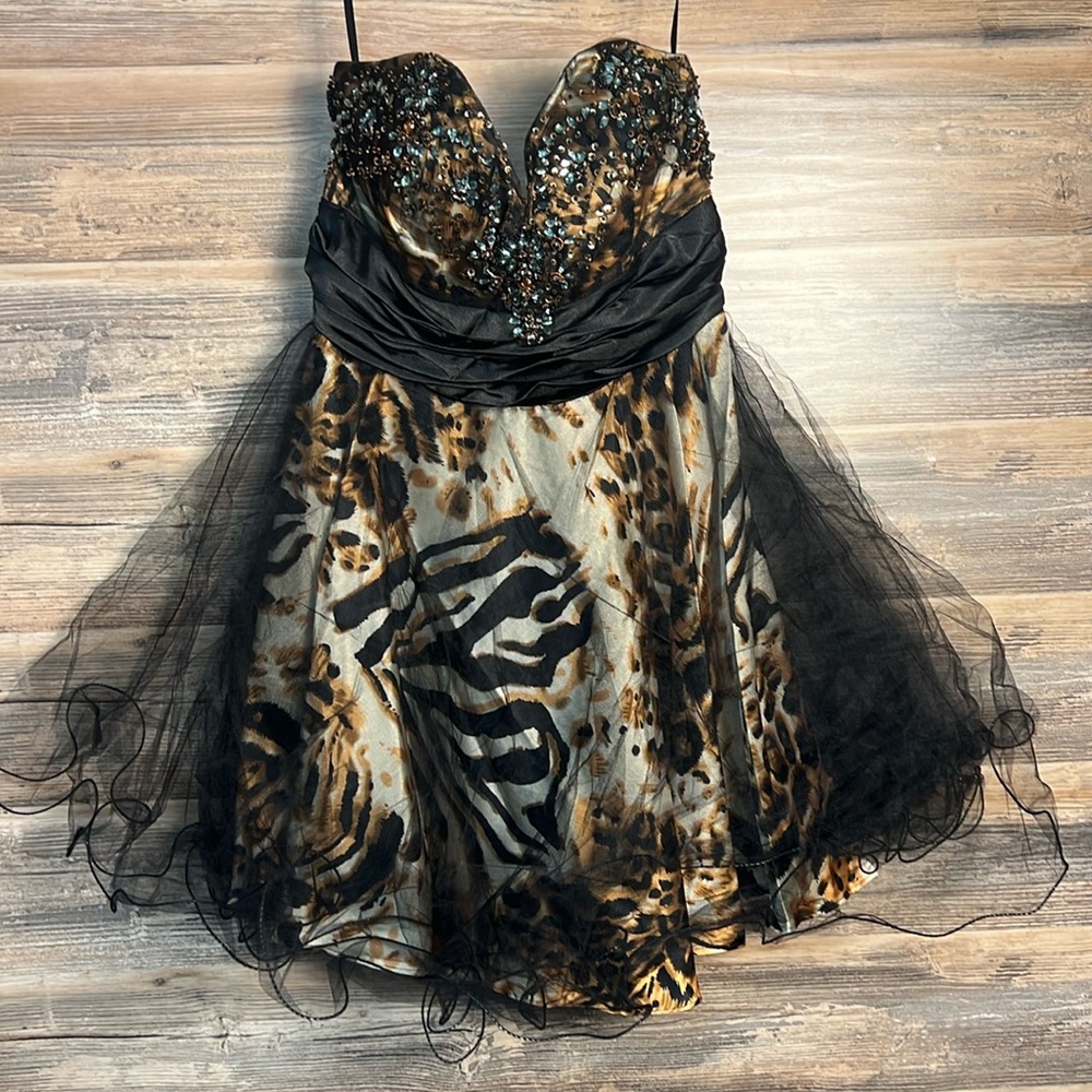 Cindy Collection Strapless Leopard & Black Tulle Prom Formal Dress  NWT